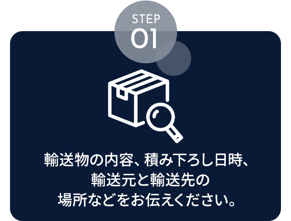 STEP01　輸送物の内容、積み下ろし日時、輸送元と輸送先の場所などをお伝えください。